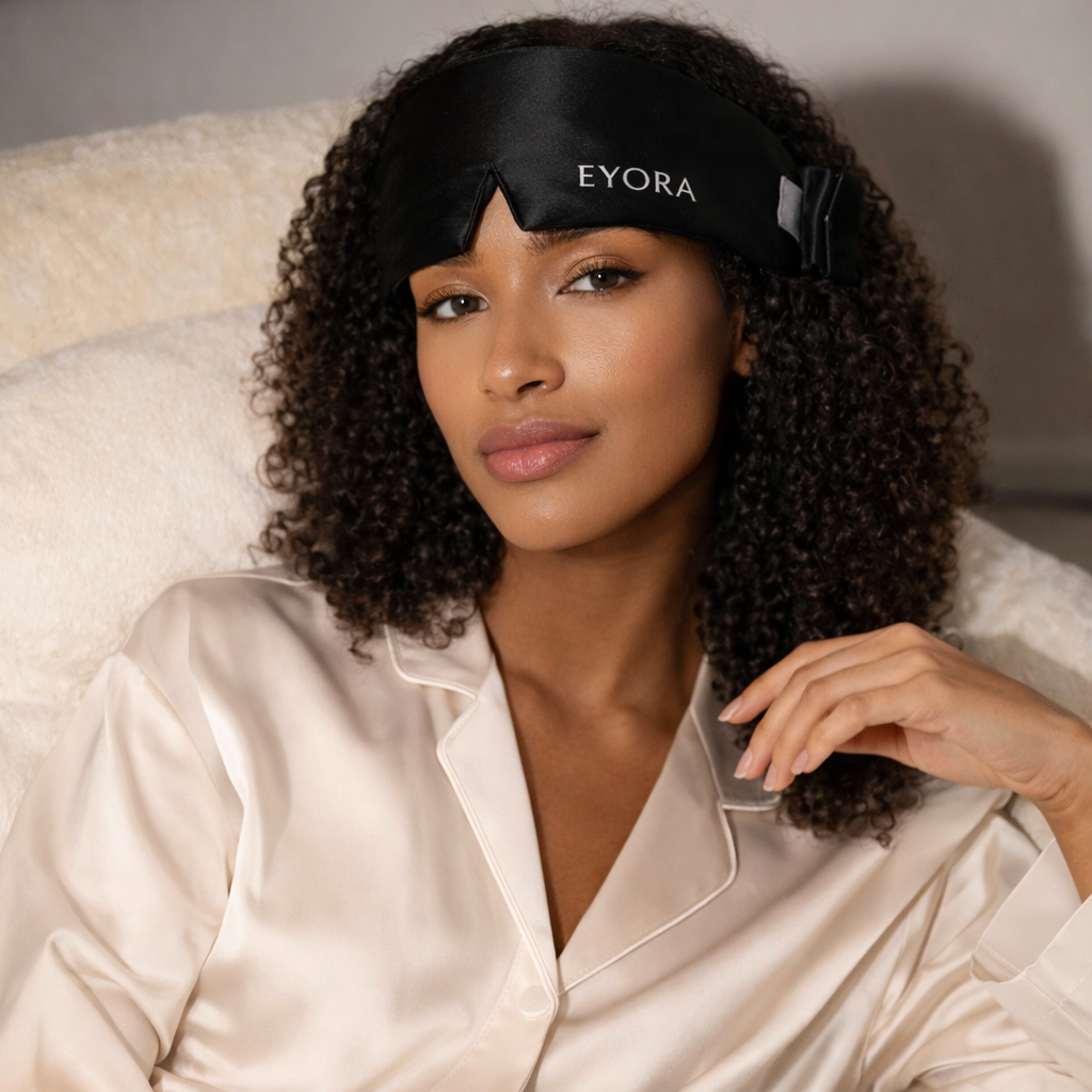 Woman wearing an Eyora sleep mask in a cozy setting